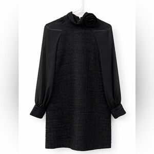 ZARA NWT Black Textured Shift Mini Dress XL  Sheer Sleeves, High Neck,Floral